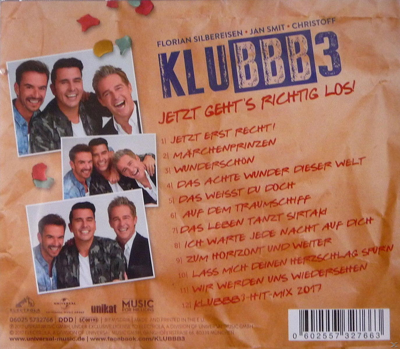 CD-Cover mit Fotos einer Band und einer Titelliste. Die Band heißt KLUBBB3. Der Titel ist 'Jetzt geht's richtig los!'