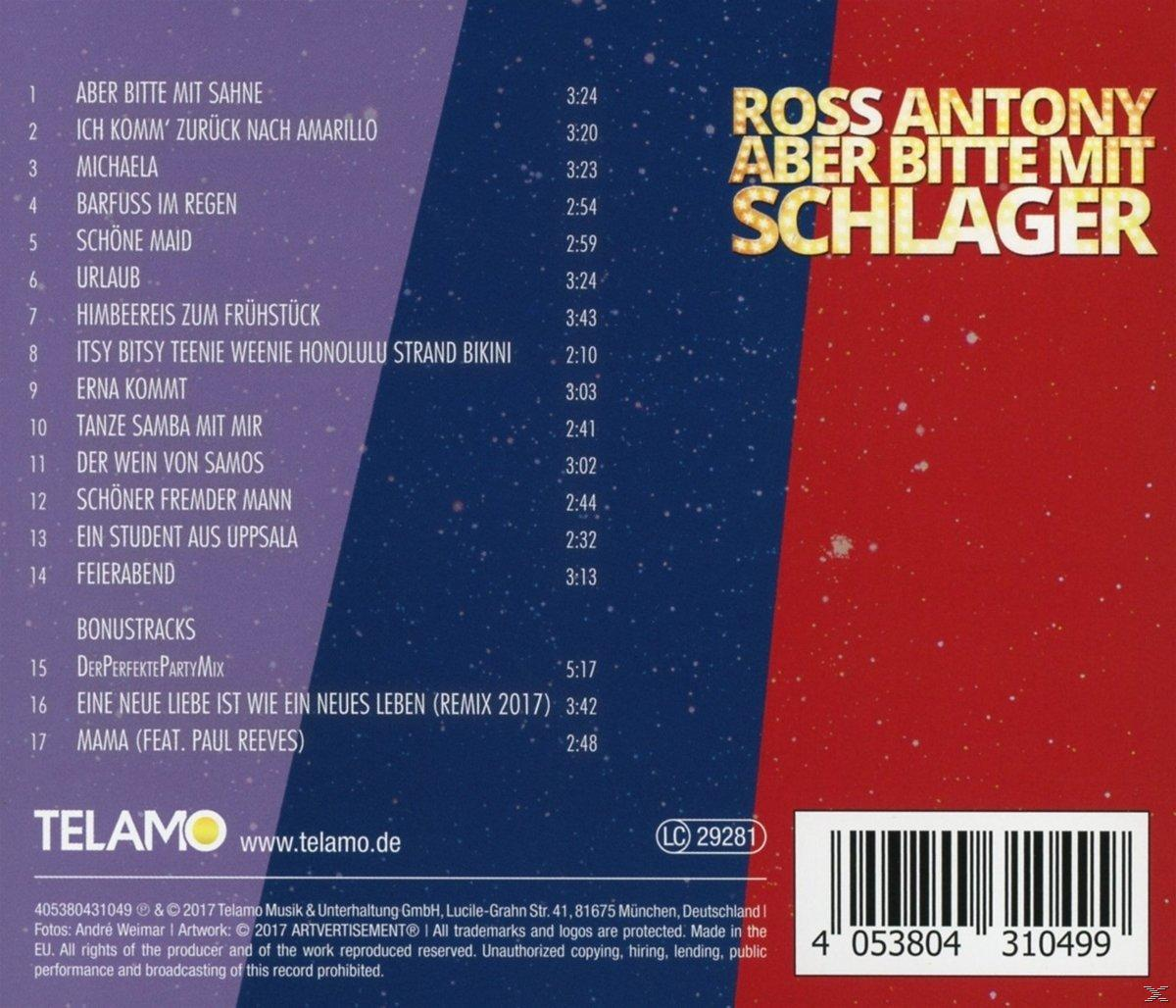 CD-Cover mit Trackliste. Der Titel lautet 'Aber Bitte Mit Schlager' von Ross Antony. Weißer Hintergrund.