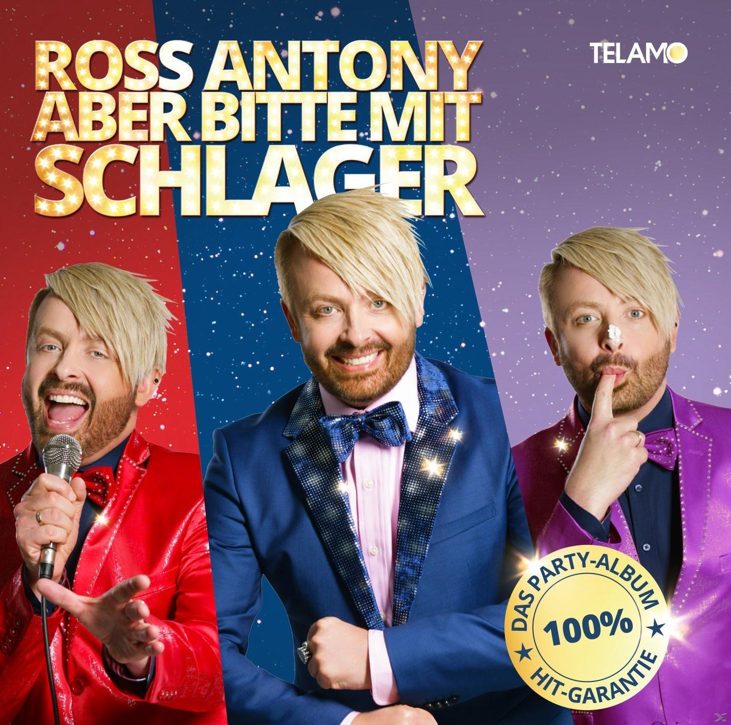 Albumcover von Ross Antony. Drei Bilder von ihm mit dem Text 'Ross Antony Aber Bitte Mit Schlager'.