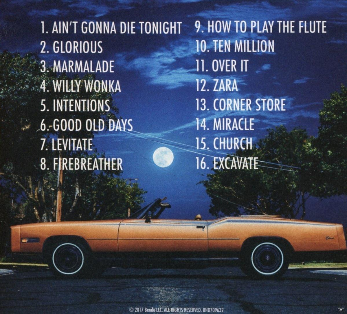 Albumcover mit Auto auf einer Straße. Der Hintergrund zeigt Mond und Bäume.