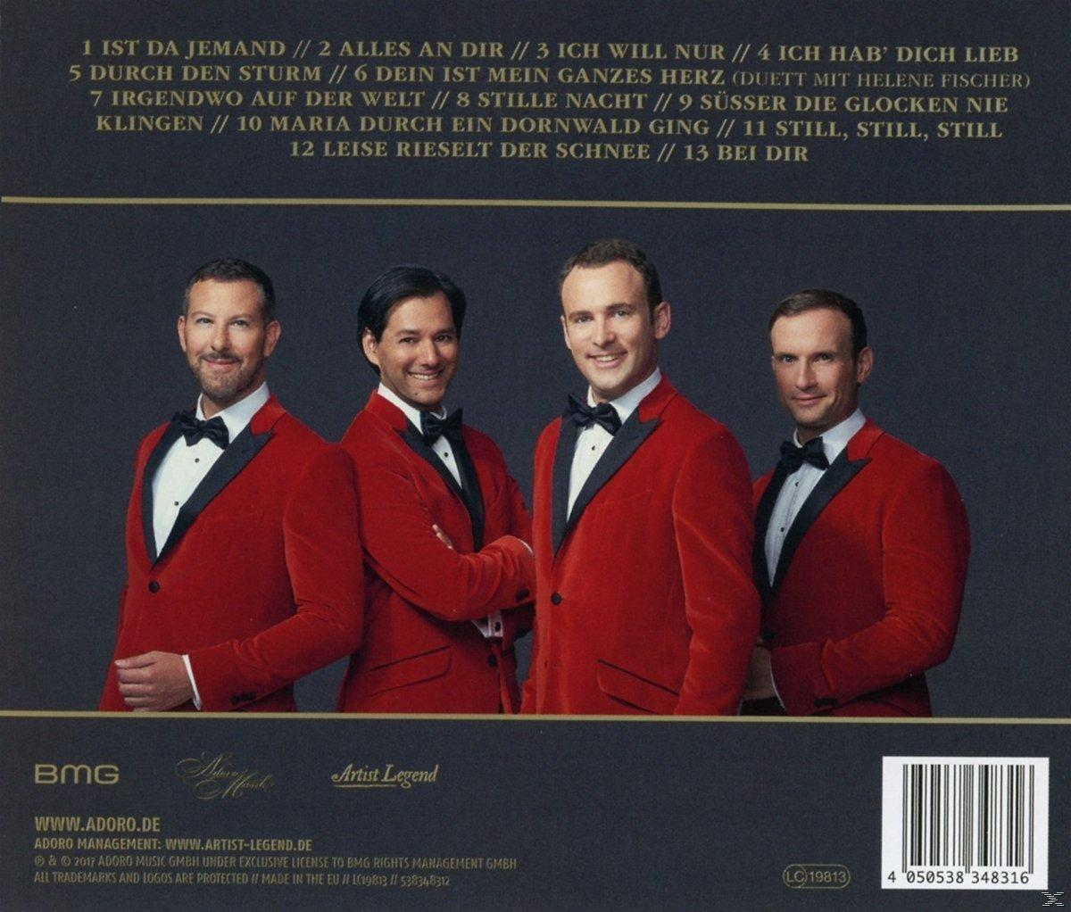 Albumcover mit vier Männern in roten Anzügen, Fliegen und Textdetails.