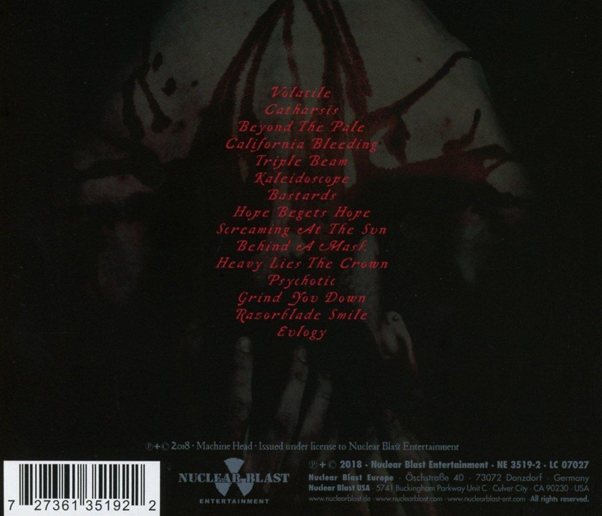 Albumcover mit rotem und schwarzem Thema. Listet Songtitel und ein Bandlogo. Blutähnliche Flecken.