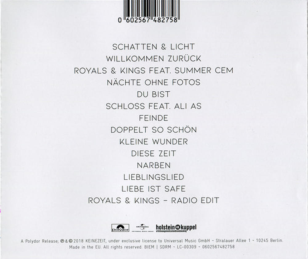 CD-Cover mit Songtiteln in weißer Schrift auf weißem Hintergrund.
