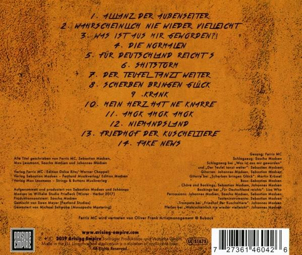 Album-Rückseite mit Titelliste auf Deutsch auf braunem Hintergrund.