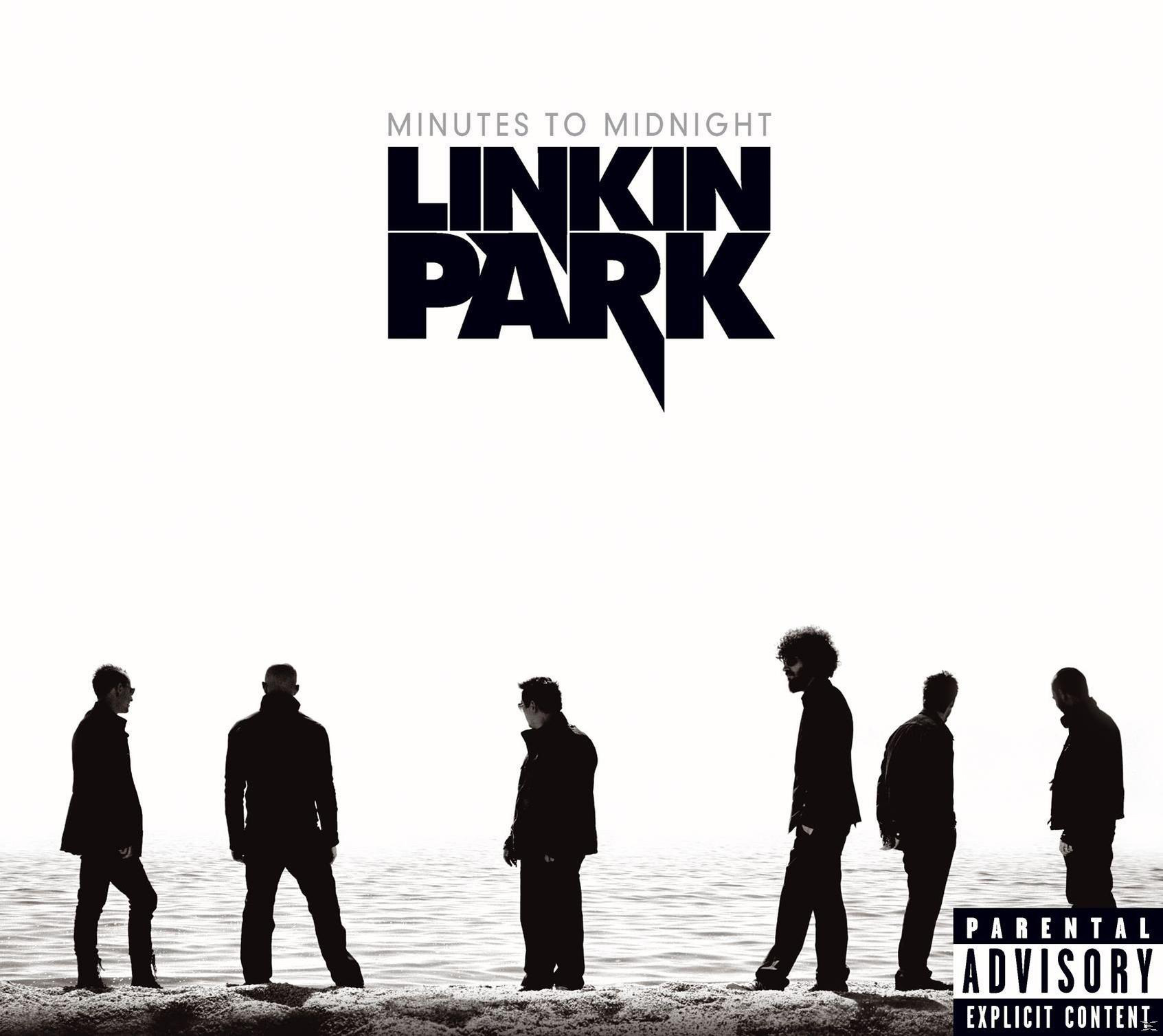 Albumcover von Linkin Park. Bandmitglieder in Silhouette mit "Minutes to Midnight" oben.