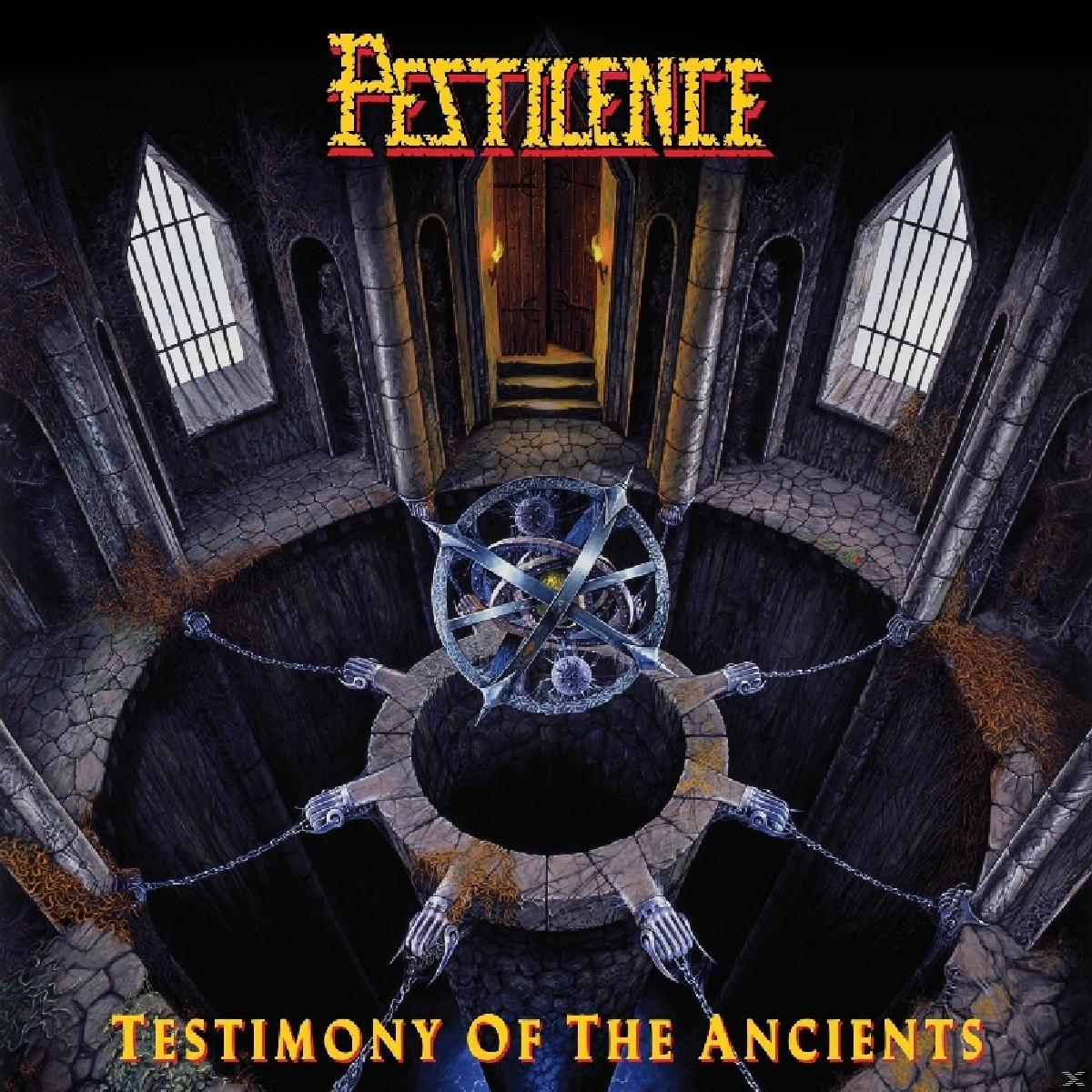 A Pestilence albumborítója. Egy sötét, gótikus jelenet egy kör alakú szerkezettel és láncolt kezekkel.