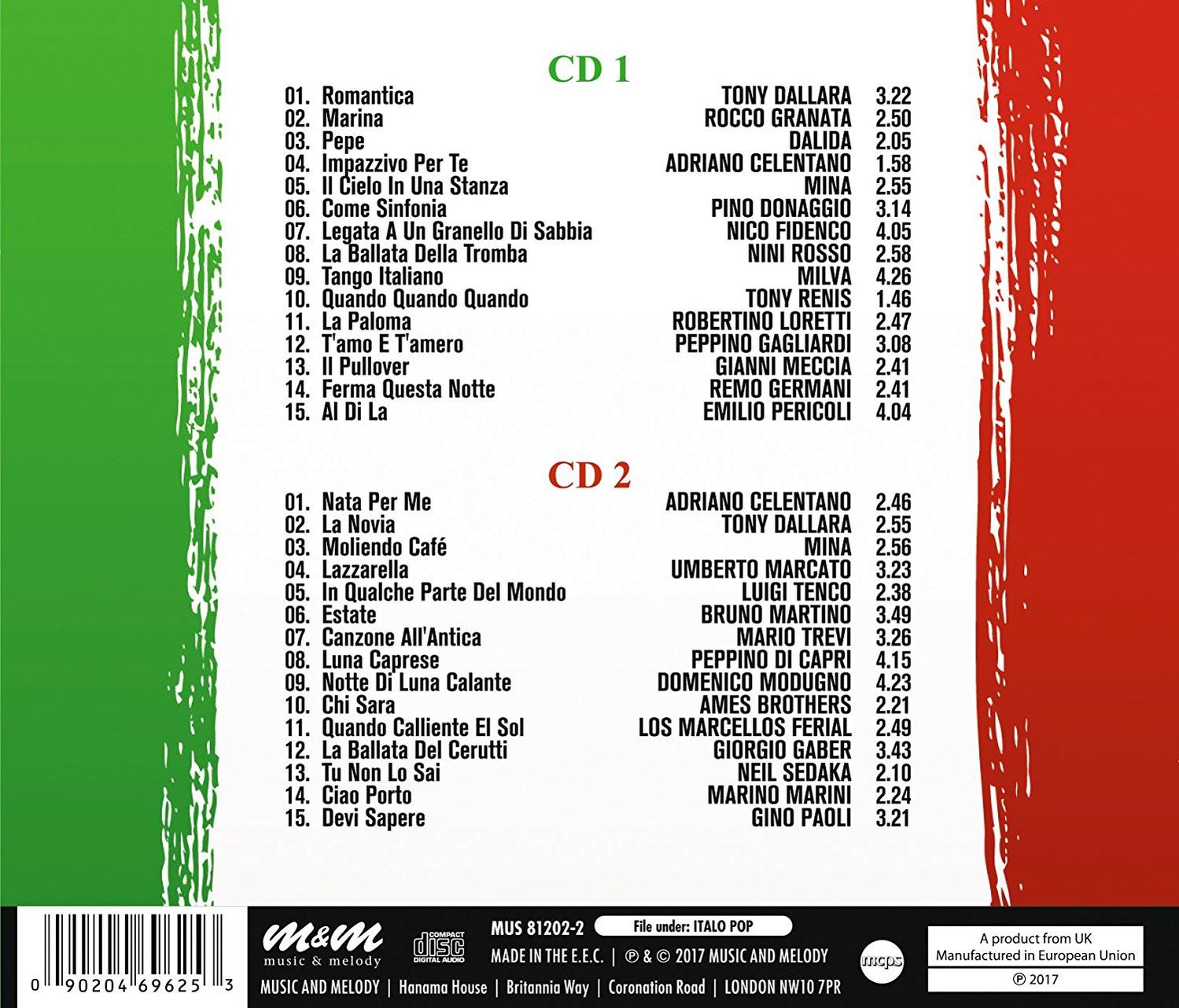 CD-Cover mit einer Liste von Songs. Enthält italienische Flaggenfarben und den Namen des Albums.