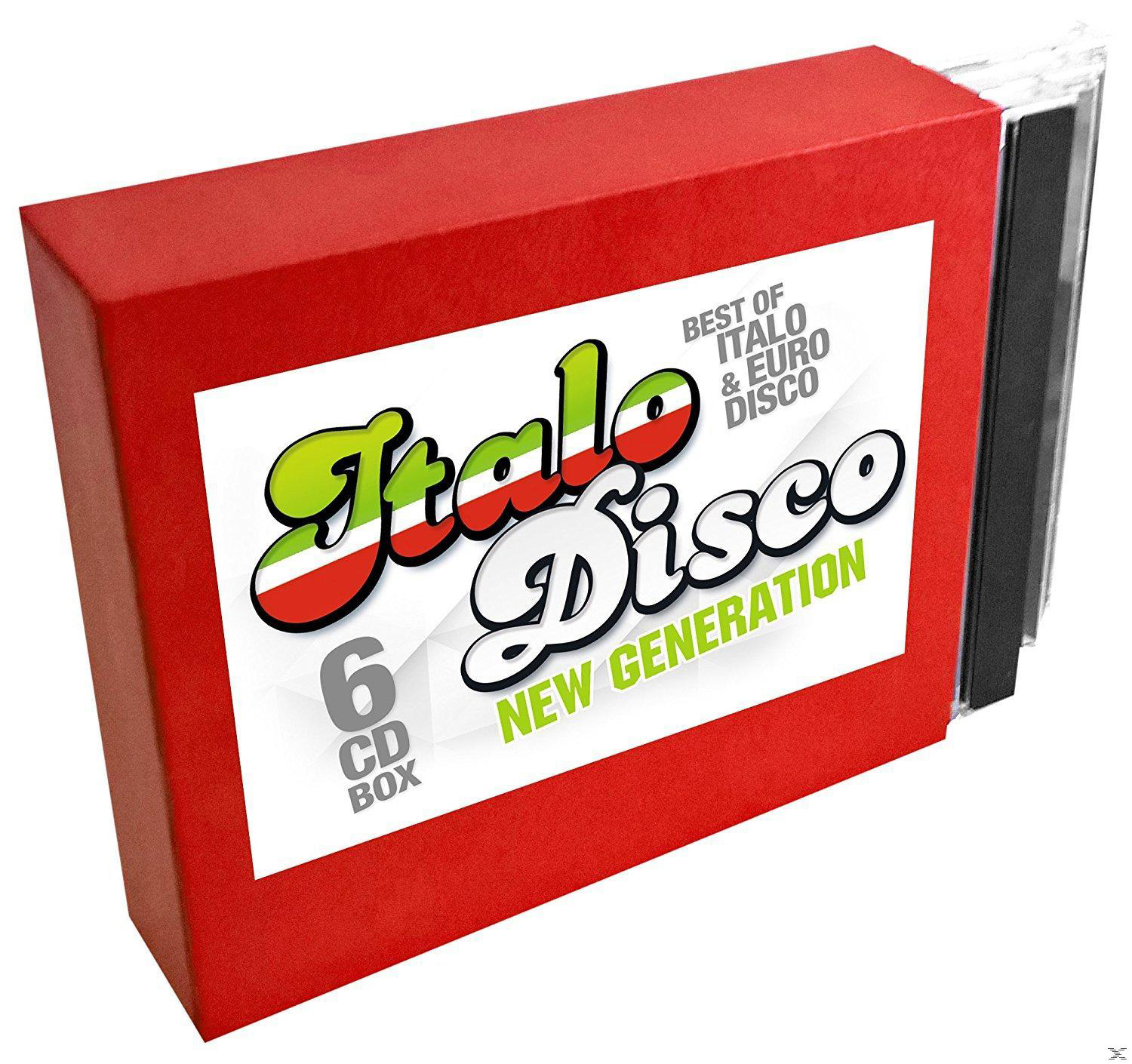 Eine rote Box mit dem Text Italo Disco und 6 CD BOX. CDs sind innen sichtbar.