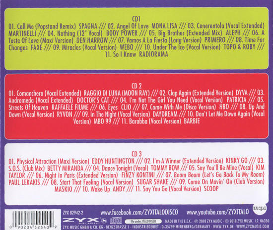 Eine CD-Hülle mit Titellisten über drei farbige Felder.