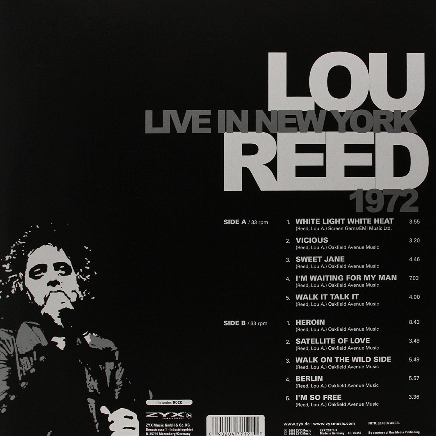 Albumcover für Lou Reed, Live in New York 1972. Ein Schwarzweißfoto von Lou Reed befindet sich links.