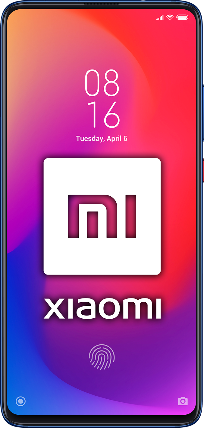 Smartphone con una pantalla colorida que muestra la hora y el logo de Xiaomi. El cuerpo del teléfono es azul.