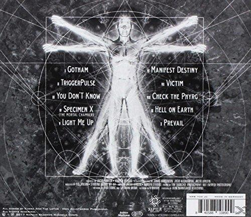 Album borító, emberi figurával, geometriai vonalakkal átfedve. A dalcímek fel vannak sorolva, beleértve a 'Gotham' és a 'Manifest Destiny' címeket.