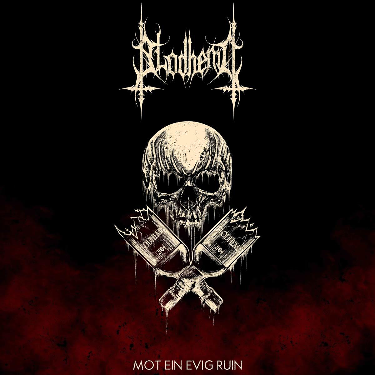Album borító: Bloodherd, Mot Ein Evig Ruin, koponyával, keresztezett fejszékkel, sötét háttérrel.
