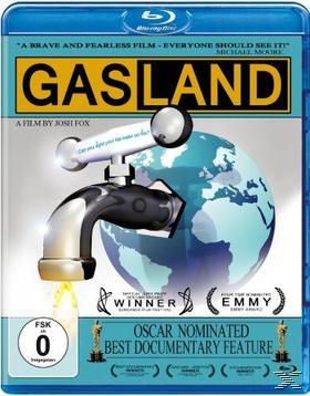 DVD-Cover für den Film Gasland. Ein Wasserhahn auf einem Globus mit Flamme, blaue und gelbe Farben.