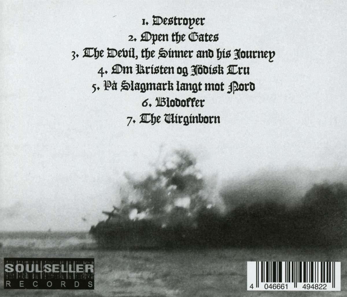Schwarz-weiße Rückseite mit Songliste, Logo und Barcode. Nebelige Landschaft.