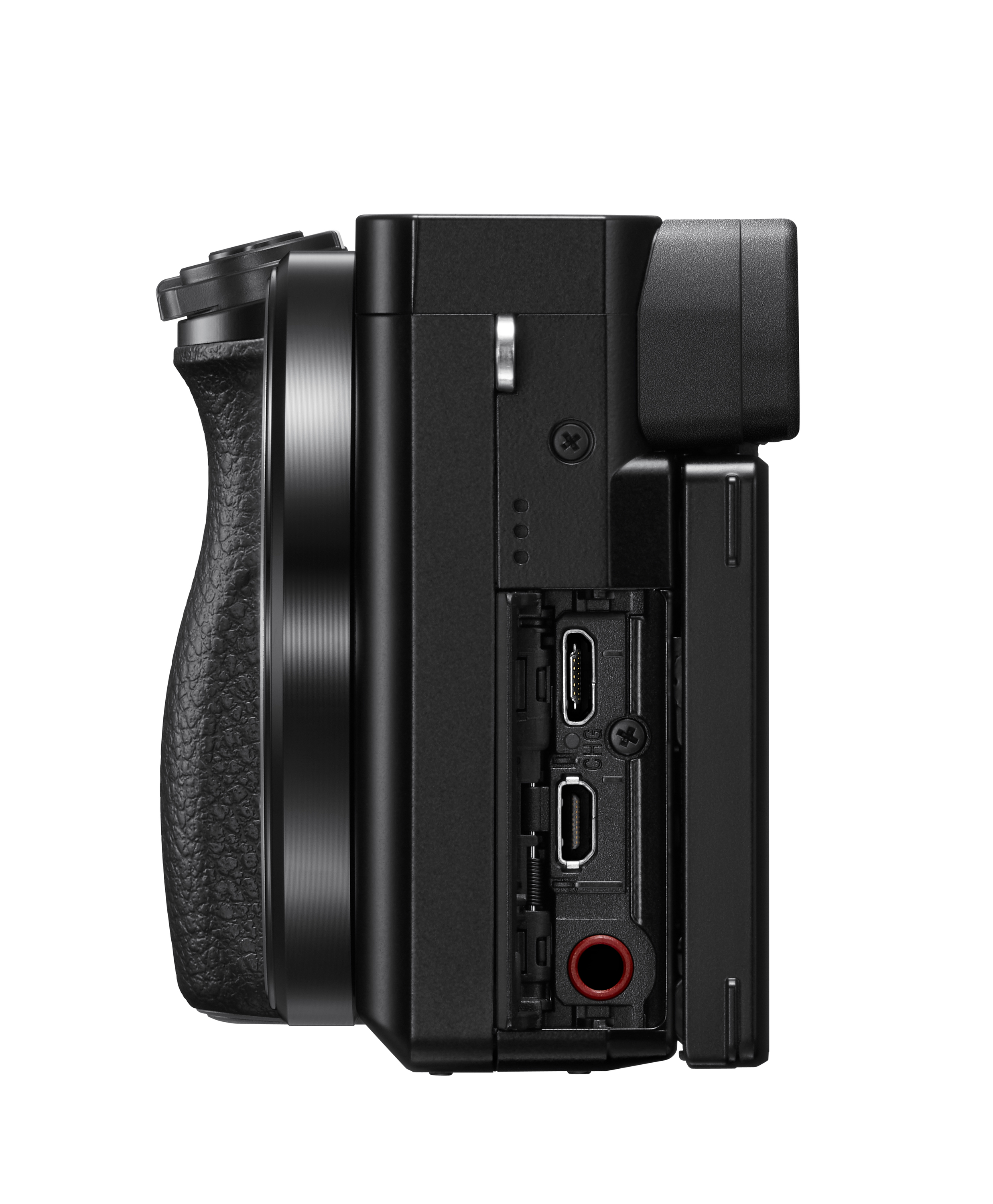 Side view of a black camera, showing ports and grip.