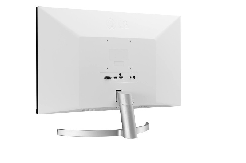 Parte trasera de un monitor LG blanco. Se ven los puertos HDMI, USB y audio.