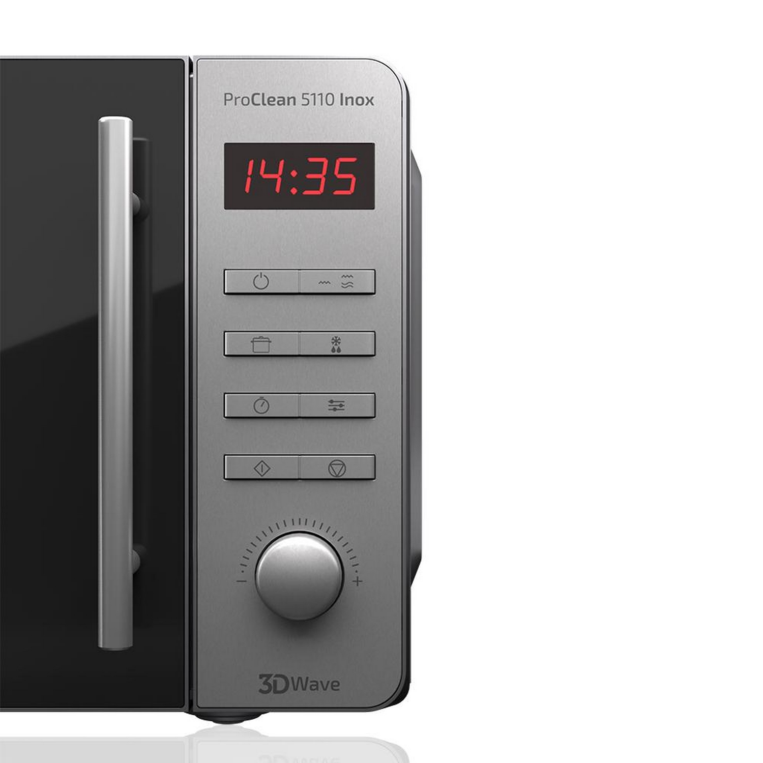 Un horno microondas plateado y negro, con una pantalla digital que muestra la hora y un panel de control.