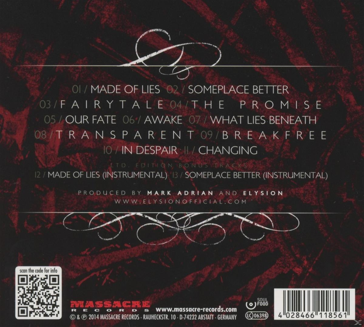 Albumcover mit Text, der Songtitel auflistet. Rotes und schwarzes Design mit Zierelementen.