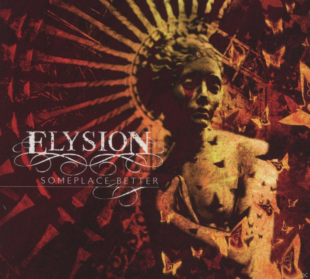 Albumcover mit einer Statue und dem Wort "Elysion". Schmetterlinge und roter Hintergrund.