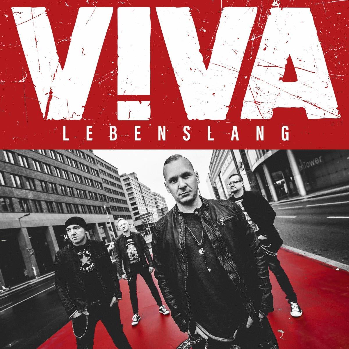 Albumcover, Band vor rotem Hintergrund, Text: VIVA! LEBENSLANG. Bandmitglieder in Schwarzweiß, Stadtansicht.