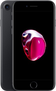 iPhone 7 negro con cámara de doble lente y fondo rosa y blanco.