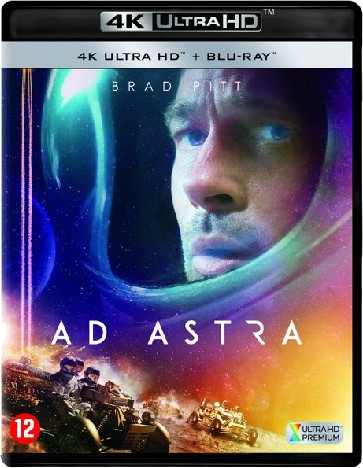 Ad Astra filmhoes met Brad Pitt in ruimtepak. Blu-ray en 4K Ultra HD branding.