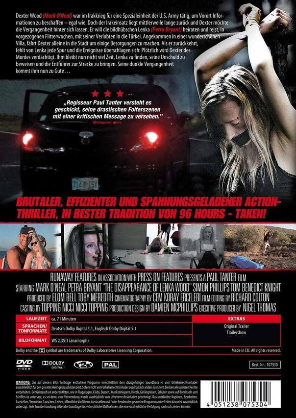 Filmplakat: Eine Frau mit gefesselten Händen, ein Auto, Text über den Film 'The Disappearance of Lenka Wood'.