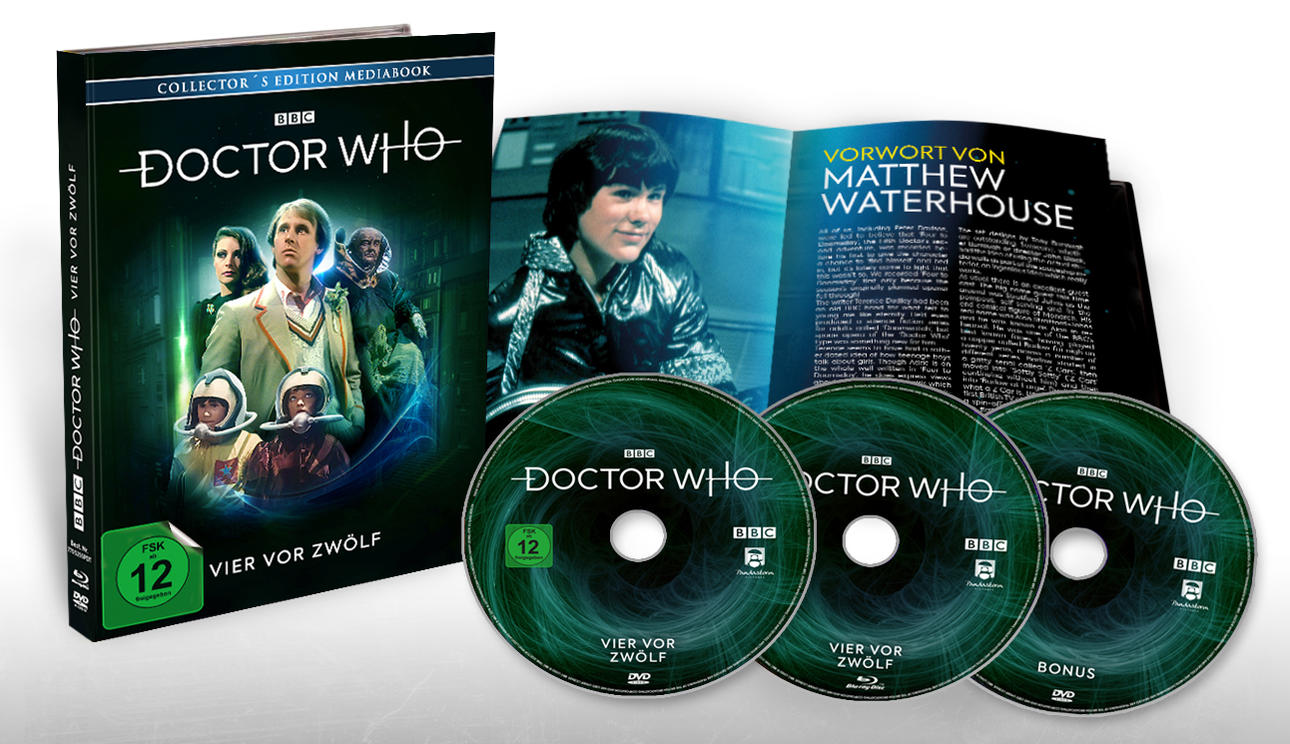 Ein Doctor Who DVD-Set mit drei Discs, einem Buch und dem Cover.