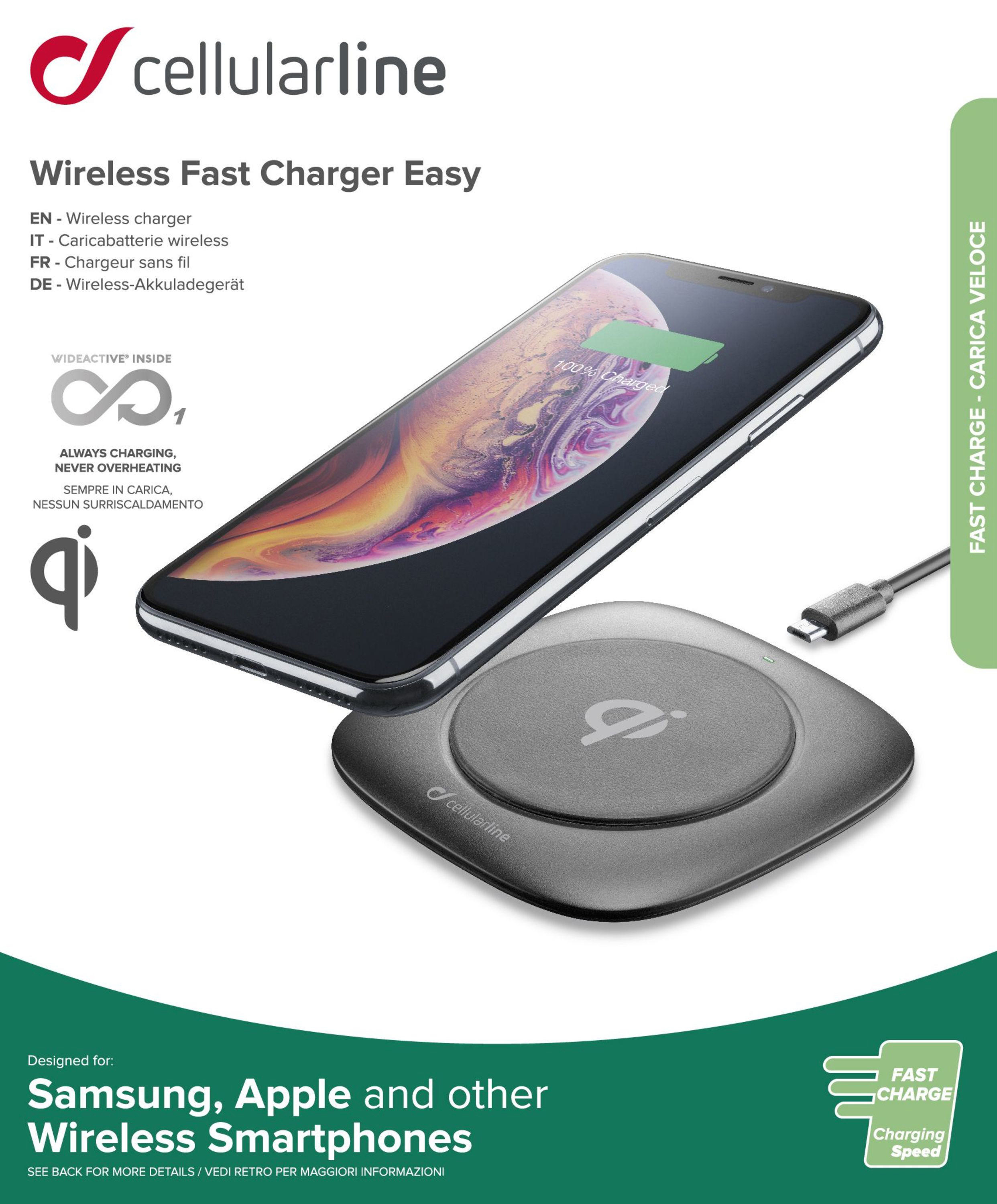 Ein kabelloses Ladegerät und ein Smartphone auf einer weißen Oberfläche, mit Produktdetails im Hintergrund.