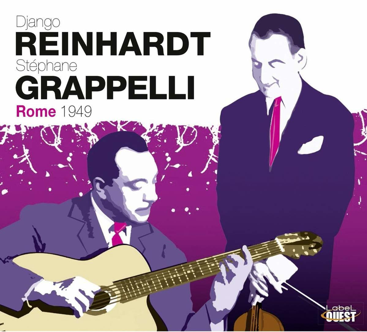 Albumcover, zwei Männer spielen Gitarre und Geige, lila und weißes Farbschema, Titel 'Rome 1949'.