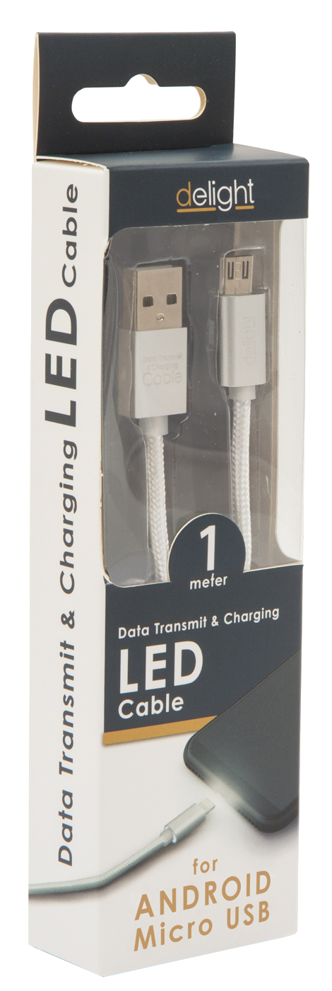 Egy ezüst USB-Micro USB töltőkábel csomagja. A csomag fehér, és a kábelt mutatja.