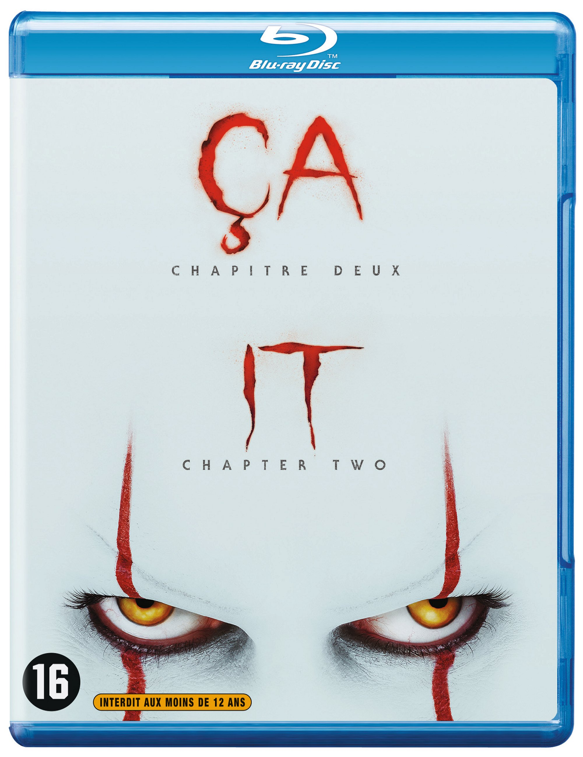Un boîtier Blu-ray avec le film 'Ça Chapitre Deux' sur le devant, avec un visage effrayant.