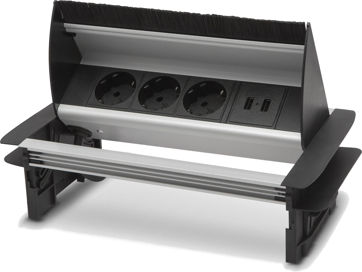 DELIGHT 20442 Felnyíló, rejtett elosztó - 3 db aljzat, 2 USB port, fém ház, ezüst színű