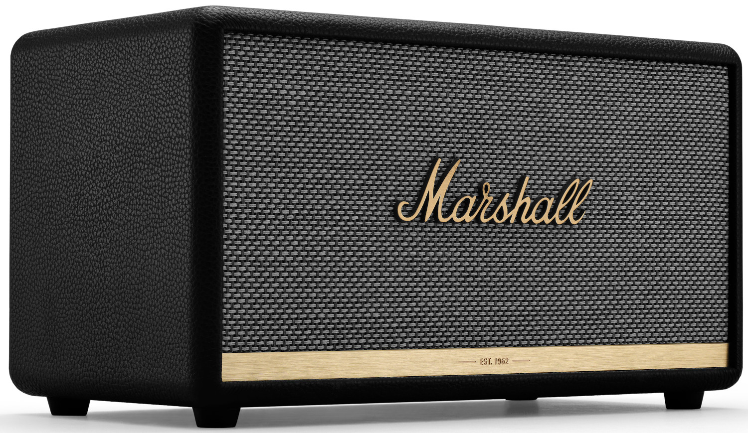 Enceinte Marshall noire avec lettrage doré et façade en mesh. Garniture en bois en bas.