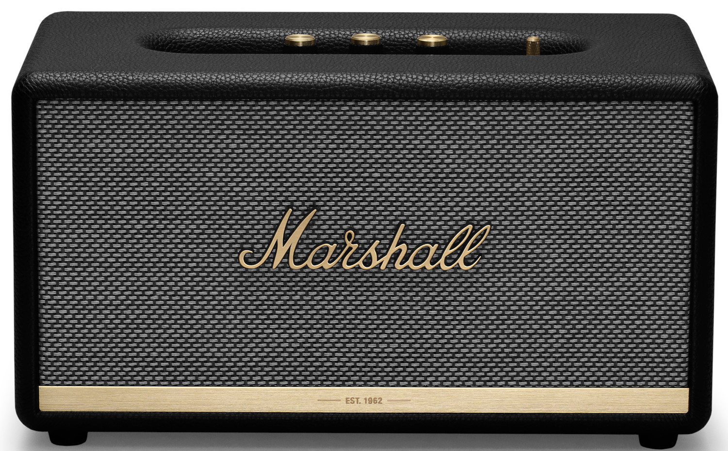 Un haut-parleur noir avec une façade en mesh, le logo Marshall et des accents dorés. Il a une forme rectangulaire.