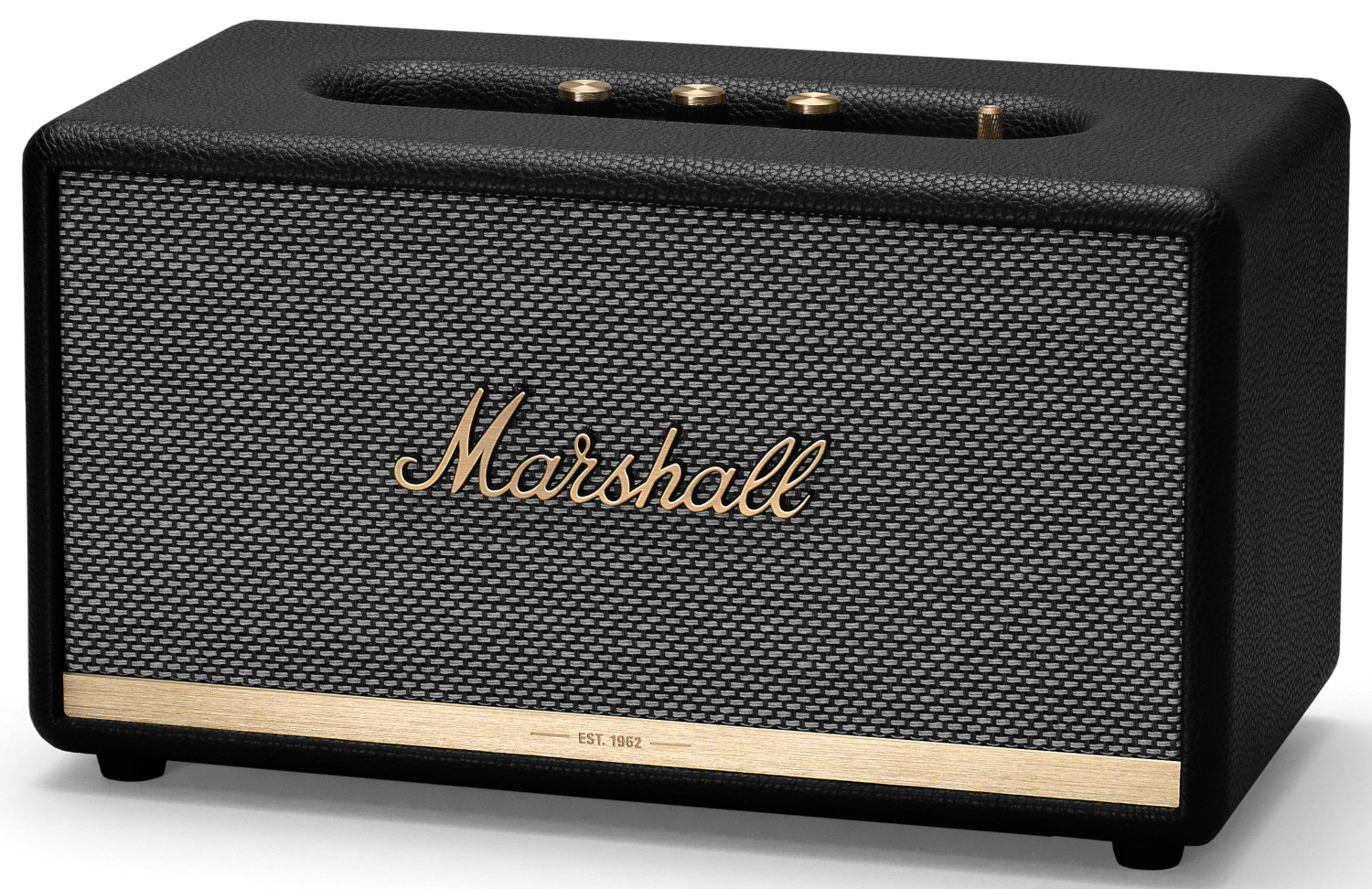 Haut-parleur noir avec façade en mesh et logo Marshall. Il a des garnitures dorées et est sur une surface blanche.