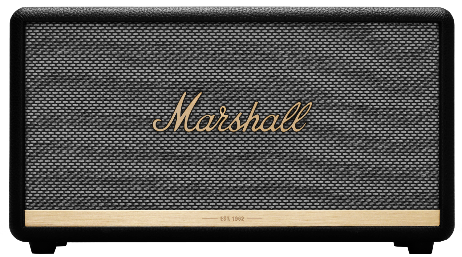 Enceinte Marshall noire avec façade en mesh, logo Marshall doré et garniture en bois.