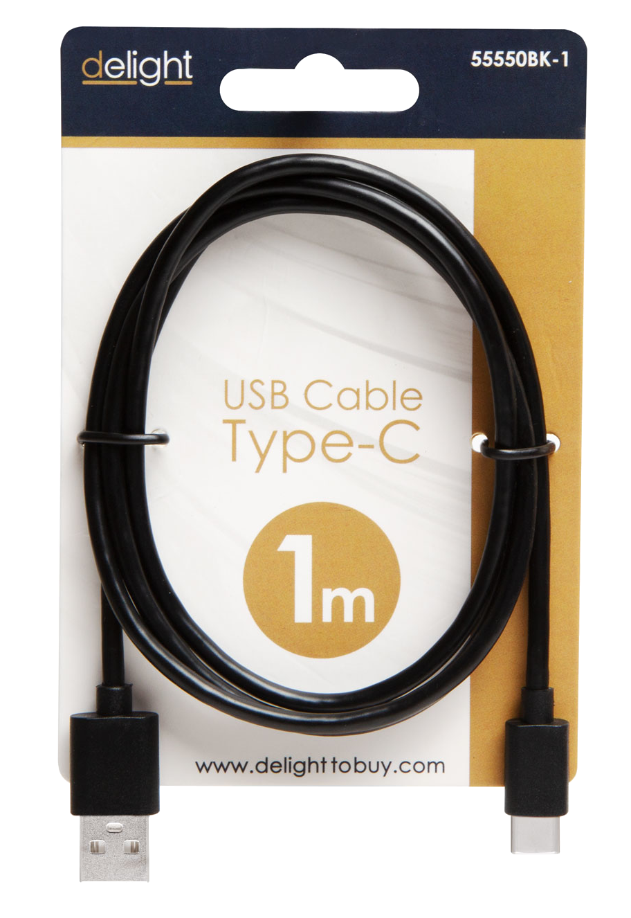Fekete USB Type-C kábel csomagolásban, 'USB Cable Type-C' felirattal.