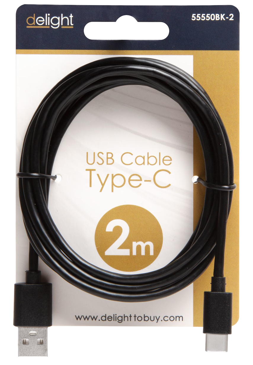 Fekete USB Type-C kábel, 2m, fehér és arany kártyán. A kártyán a 'delight' márka látható.