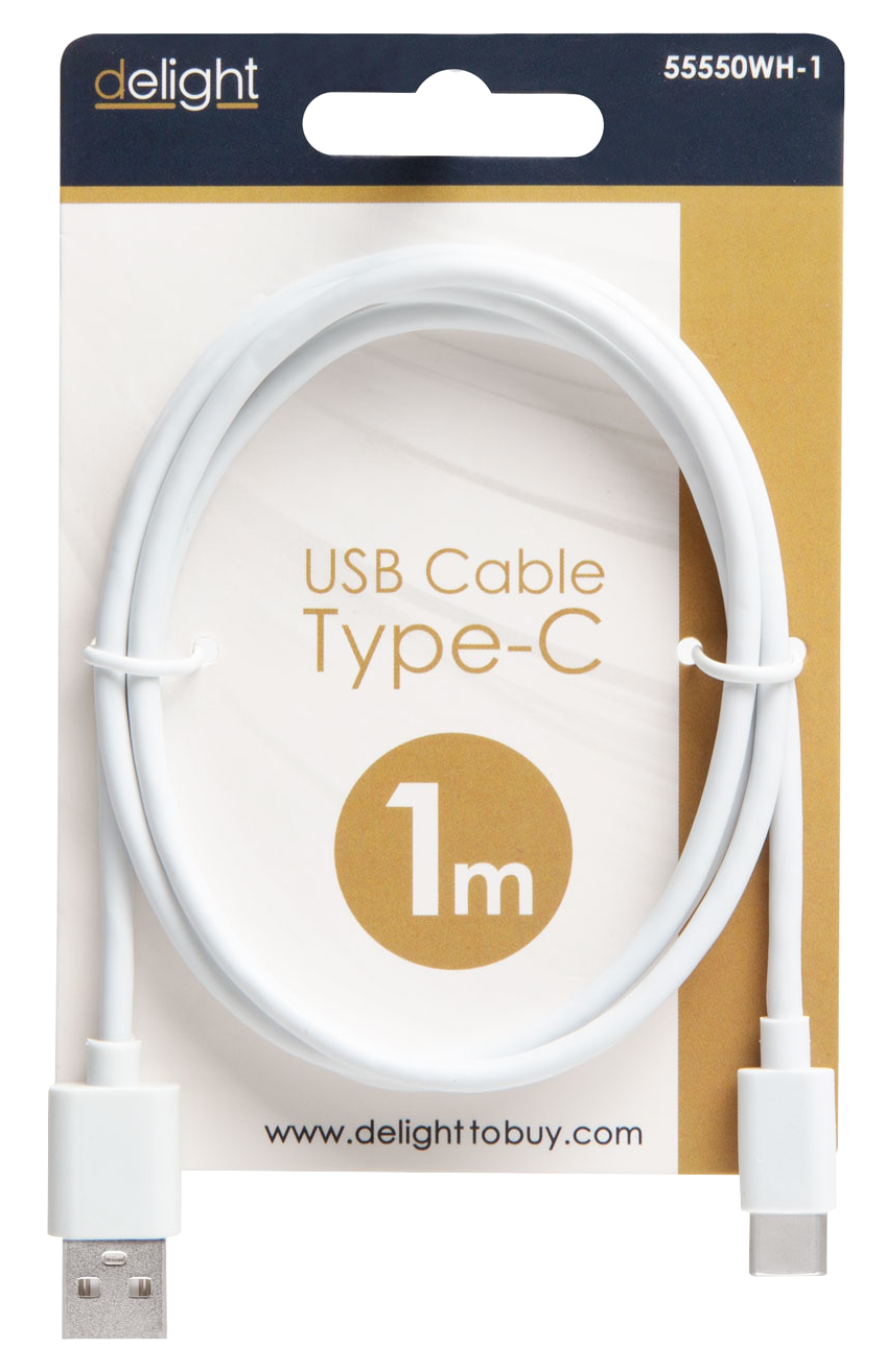 Fehér USB Type-C kábel kartonon, a márkával és a hosszal.