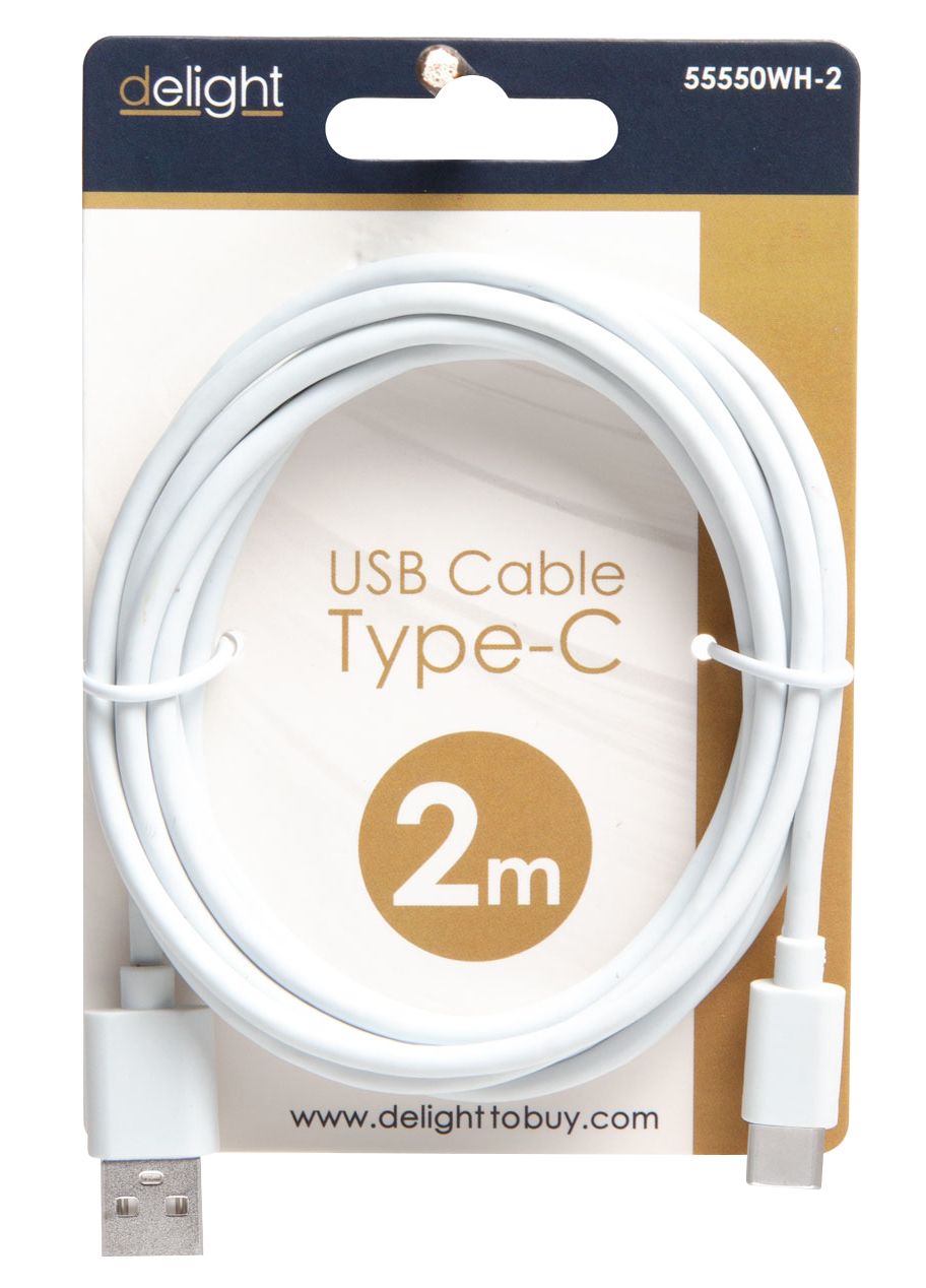 Fehér USB-C kábel egy kártyán. A kártyán a felirat: USB kábel Type-C, 2m.