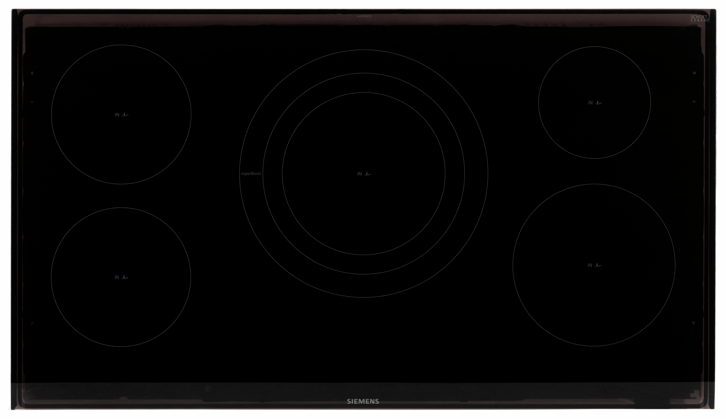 Table de cuisson électrique noire. Cinq brûleurs circulaires, logo Siemens en bas.