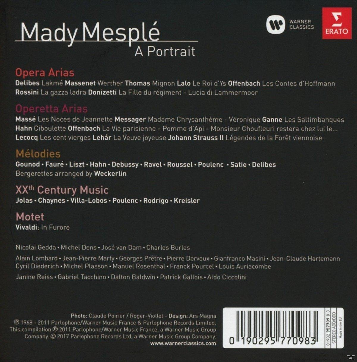 CD-Cover: Mady Mesplé, Trackliste der Opernarien, Warner Classics-Logo und weißer Hintergrund.