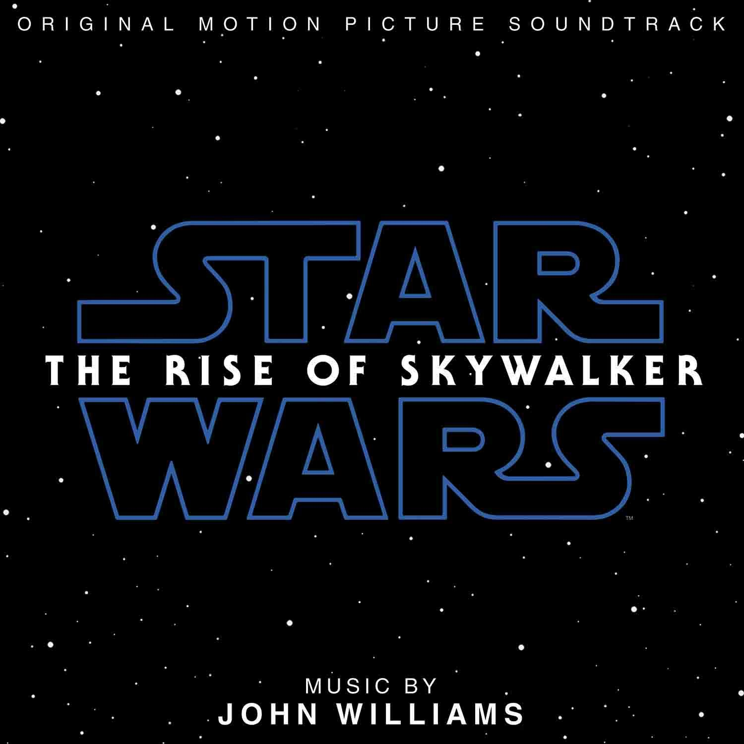 Het Star Wars-logo in blauw op een zwarte achtergrond met witte sterren. Tekst luidt: THE RISE OF SKYWALKER.