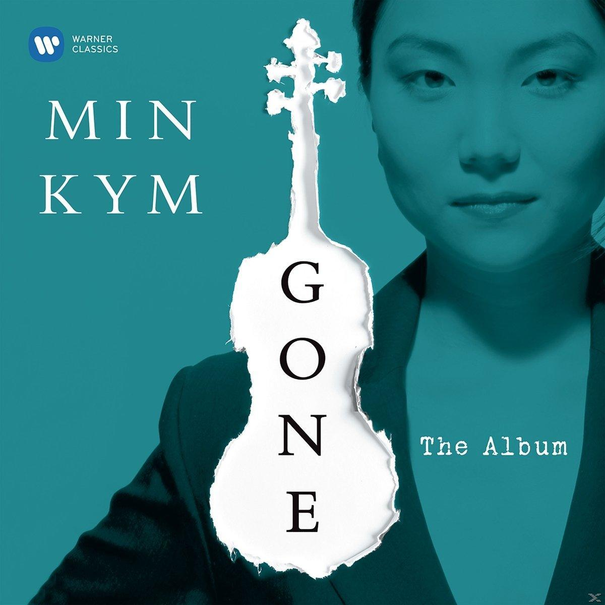 Album borító: Min Kym, türkiz háttér, fehér hegedű alak 'GONE'-nal. Szöveg: Warner Classics, The Album.