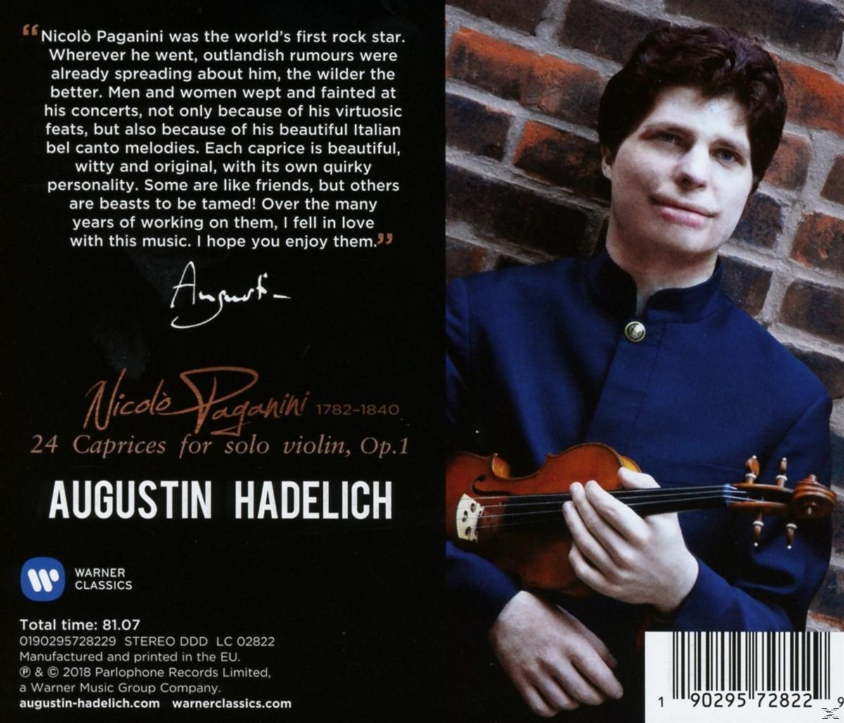 Egy kék zakós férfi hegedűt tart. A szövegben: 'Nicolò Paganini' és 'Augustin Hadelich'.