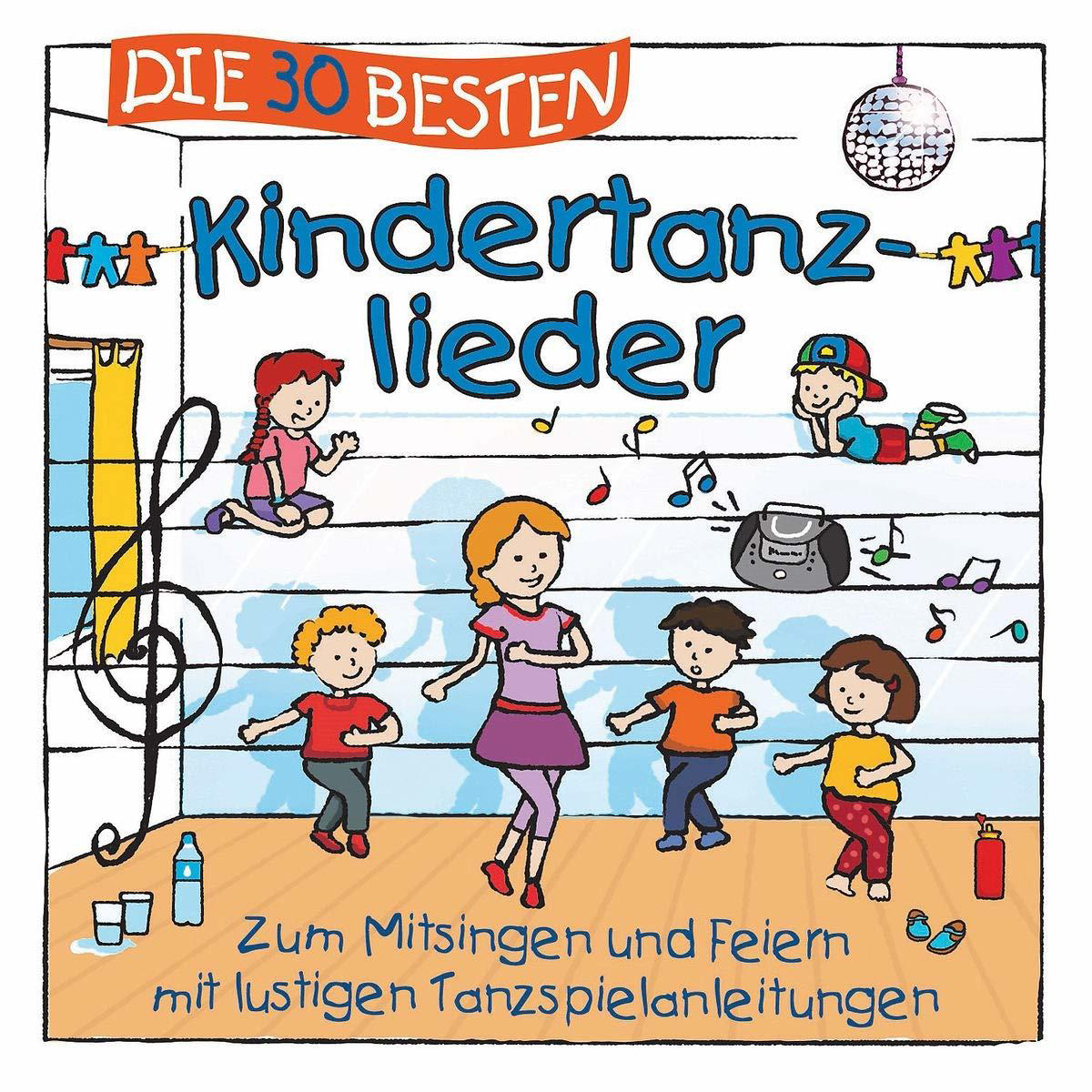 Illustration tanzender Kinder. Titel: Kinder Tanz Lieder. Bunt, im Cartoon-Stil.