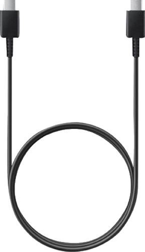 Un câble USB-C noir, avec un connecteur à chaque extrémité, sur fond blanc.