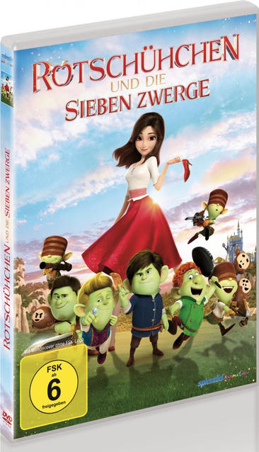 DVD-Cover. Zeichentrickfilm mit einem Mädchen in einem roten Kleid und Zwergen. Weißer Hintergrund.